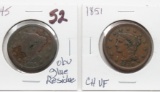 2 Braided Hair Large Cents: 1845 G obv glue residue, 1851 CH VF