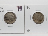 2 Buffalo Nickels: 1913 Var 2 VF, 1914 VF