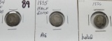 3 Capped Bust Half Dimes: 1834 G, 1835 AG, 1836 holed