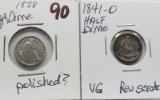 2 Seated Half Dimes: 1838 no date VG ?polished, 1841-O VG rev scratches better date