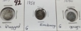 3 Seated Liberty Half Dimes: 1857 Poor plugged, 1858 G rim damage, 1858-O G gouges