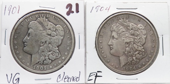 2 Morgan $: 1901 VG cleaned, 1904 EF
