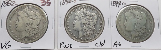 3 Morgan $: 1882 VG, 1890-O F cleaned, 1899-O AG