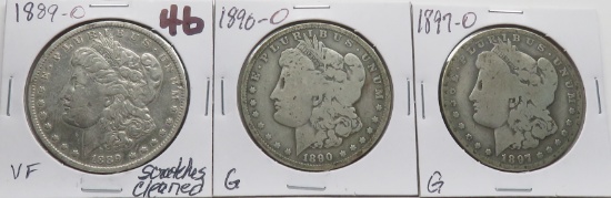 3 Morgan $: 1889-O VF scrs cleaned, 1890-O G, 1897-O G