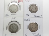 4 Barber Quarters: 1899 AG, 1914D VG ?cleaned, 1915 G, 1915D G scratches
