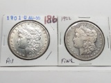 2 Morgan $: 1901-O AU, 1902 Fine