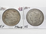2 Morgan $: 1890 EF ?toning, 1891-O VG