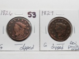 2 Matron Head Large Cents, dipped: 1826 G, 1827 G rev punch marks