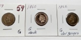 3 Indian Cents: 1859 G, 1860 G dark, 1862 G obv gouges