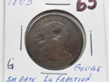 Draped Bust Large Cent 1803 Small Date/Large Fraction Good obv gouge