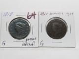 2 Liberty Head Large Cents: 1818 G porous cleaned, 1820/19 Good
