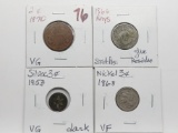 4 Type Coins: Two Cent 1870 VG; Shield Nickel 1866 Rays scratches glue residue; Silver 3 Cent 1853 V