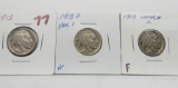 3 Buffalo Nickels: Variety 1 (1913 F, 1913D VF), Variety 2 1913 F