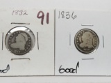 2 Capped Bust Dimes: 1832 G, 1836 G