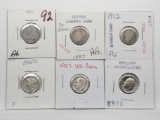 6 Type Dimes: Bust 1836 AG, Seated 1837 No Stars Poor, Barber 1912 AG, Mercury 1945D F, 2 Roosevelt