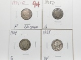 4 Silver Dimes: 3 Barber (1901-O F rim scrape, 08D G, 09 G); Mercury 1938 VF