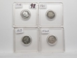 4 Barber Dimes: 1898 G cleaned, 1901 G, 1913 G scratches, 1916S F