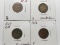 4 Indian Cents: 1859 G, 1862 G scrs, 1864 CN G rev scrs, 1888 F