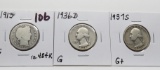 3 Silver Quarters: Barber 1913 G mintage 484K; 2 Washington (1936D G, 1937S G+)