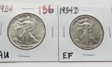 2 Walking Liberty Half $: 1934 AU, 1934D EF