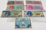 7 Military Pay Certificates: 1 Mark Germany 1944; 6 Series 521 (2-5 Cent, 10 Cent, 25 Cent, 2-50 Cen