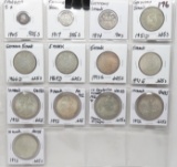 13 Silver World Coins: 5 Cent Canada 1905; 50 Centimes France 1917; 11 German (1 Mark 1874, 5-5 Mark