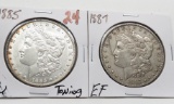 2 Morgan $: 1885 AU toning, 1887 EF