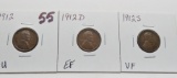 3 better date Lincoln Cents: 1912 AU, 1912D EF, 1912S VF