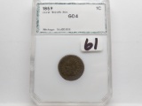Indian Cent 1859 laurel wreath rev PCI GD4, green label