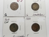4 Indian Cents: 1859 G, 1862 G scrs, 1864 CN G rev scrs, 1888 F