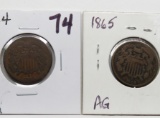 2 Two Cent Pieces: 1864 AG, 1865 AG