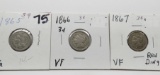 3 Nickel Three Cent: 1865 VG, 1866 VF, 1867 VF rev ding