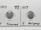 2 Silver Three Cent: 1853 F ?cleaned, 1857 G rev gouge