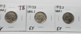 3 Variety 1 Buffalo Nickels: 1913 EF, 1913D EF, 1913S EF