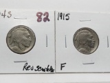 2 Buffalo Nickels: 1914S F rev scratches, 1915 F