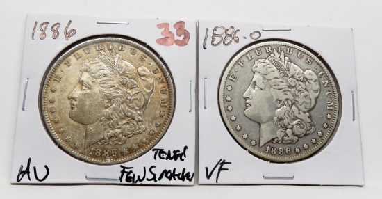 2 Morgan $: 1886 AU toned few scratches, 1886-O VF