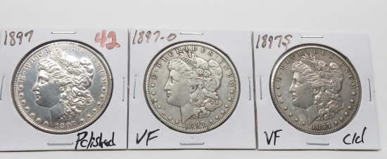 3 Morgan $: 1897 polished, 1897-O VF, 1897S VF cleaned