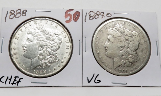 2 Morgan $: 1888 CH EF, 1889-O VG