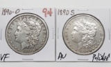 2 Morgan $: 1890-O VF, 1890S AU polished