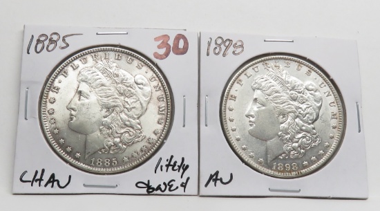 2 Morgan $: 1885 CH AU lightly toned, 1898 AU