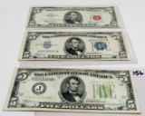 3 Type $5 Notes: 1934 FRN KC Fine; 1934A Silver Certificate Fine; 1963 USN Fine