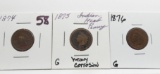 3 Indian Cents: 1874 G, 1875 G heavy corrosion, 1876 G