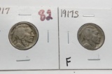 2 Buffalo Nickels: 1917 F, 1917S F