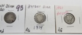 3 Type Dimes: Bust Dime 1820 holed; Barber Dime 1914 AG, Mercury 1921 AG
