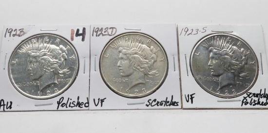 3 Peace $: 1923 AU polished, 23D VF scratches, 23S VF scratches polished