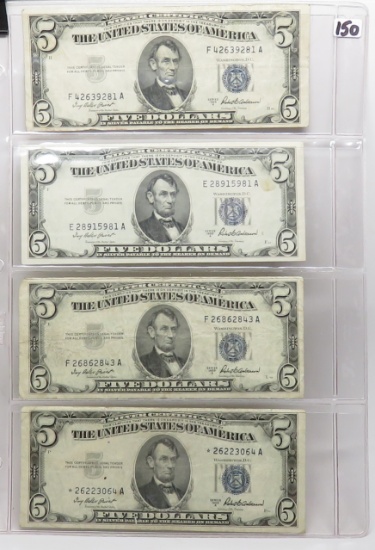 4-$5 Silver Certificates 1953A avg F, includes 1 Star Note