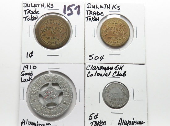 4 Tokens: 2 Duluth KS Trade (1 & 5 Cent); 1910 Aluminum Good Luck; Claremore OK Colonial Club Alumin
