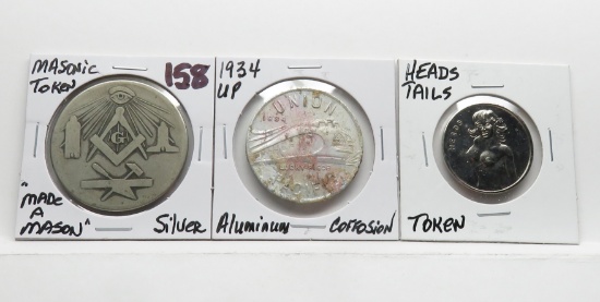 3 Tokens: Silver Masonic "Made A Mason"; 1934 Union Pacific Aluminum corrosion; Heads/Tails