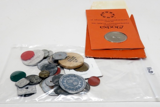 Token Mix: Lucky Penny, Gaming, 6 Advertising, Wooden Nickel, Canada Expo 67 Medallion; 24 State Tax