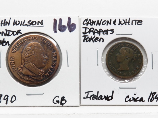 2 Vintage World Tokens: 1790 John Wilson Condor Great Britain; Ireland Cannon & White Drapers circa